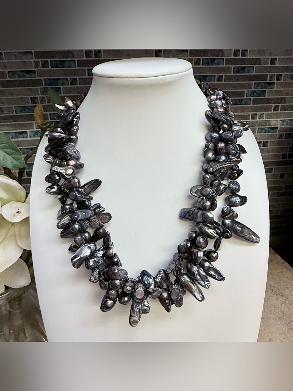3 strand layered Black Peacock Freshwater pearl necklace